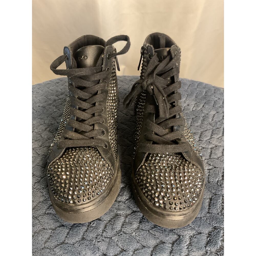 ALDO Women’s Size 9 Black Rhinestone High Top Sneakers Lace Up Side Zip - Picture 2 of 8